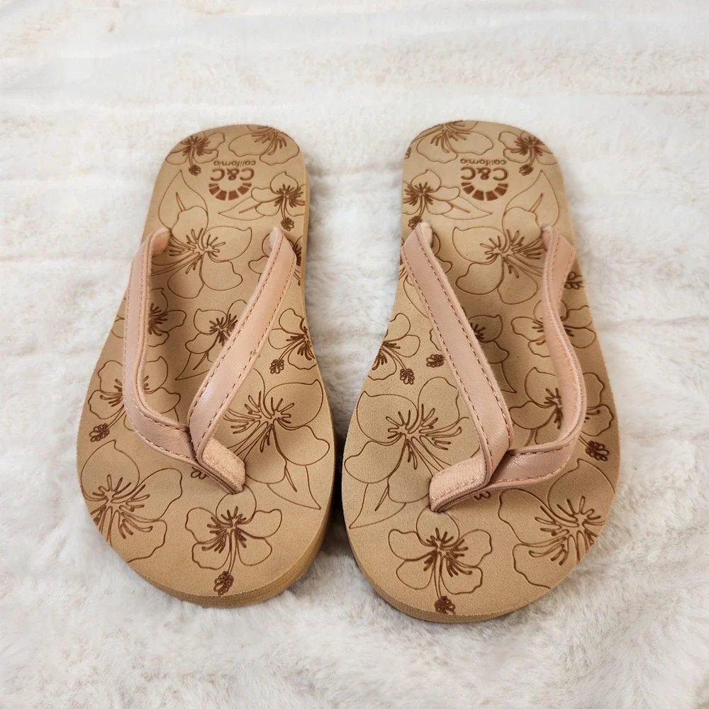 C&C California Kids Hibiscus‎ Floral Flip Flop Sandals Tan Beige US 12-13